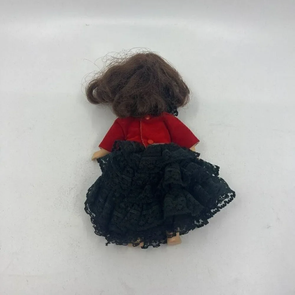 Vintage Spanish Dancer Girl Doll Light Brown Hair Red Black Lace‎ Ruffle Dress